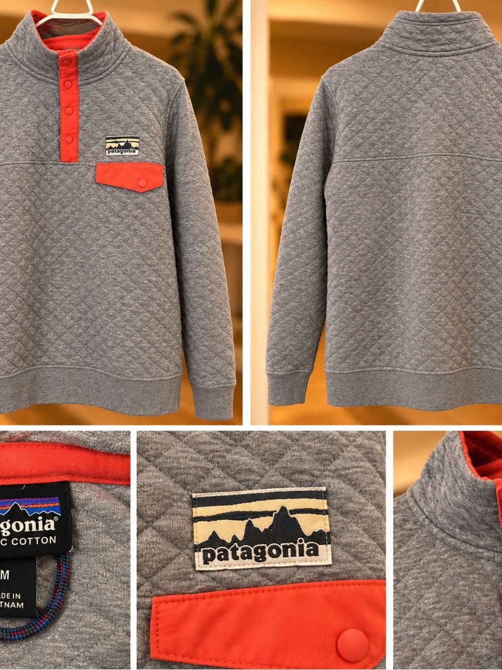 Patagonia Men’s Quilted Heather Gray Crewneck Pullover with Red Trim